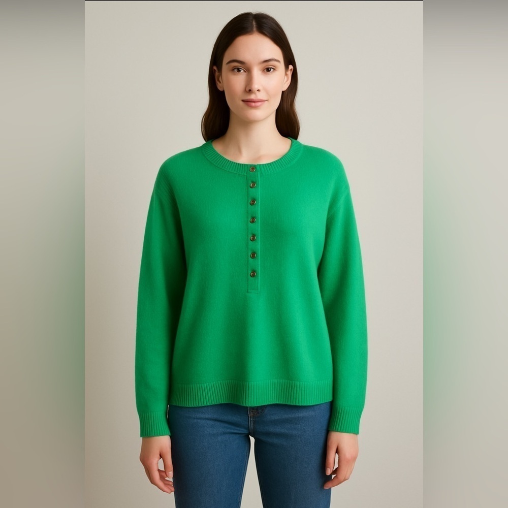 Emerald Green Women’s Crew Neck 3/4 Button Pullover Sweater Sz XXL Quiet Luxury